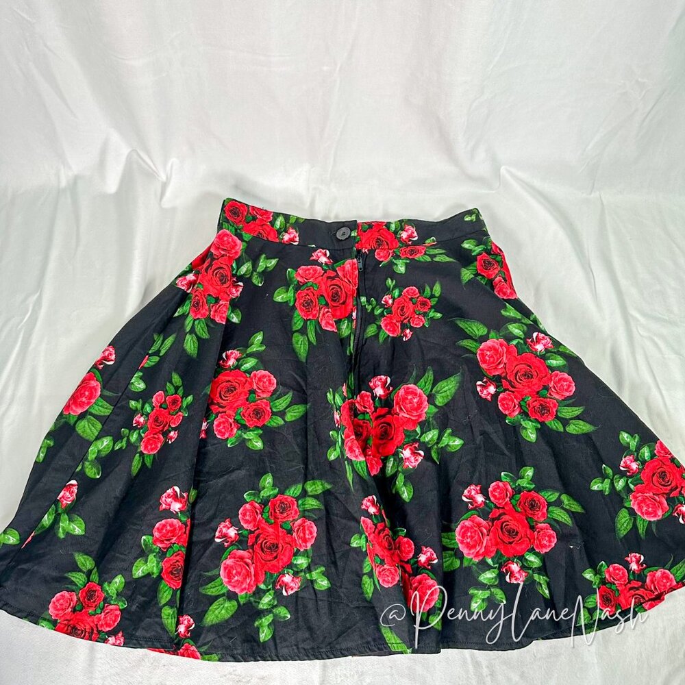 Hell Bunny Floral Print Skater Mini Skirt Black/Red - Picture 6 of 9